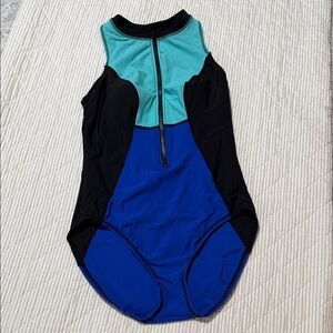 Aqua Green Teal & Royal Blue Zip-Front One-Piece Swimsuit